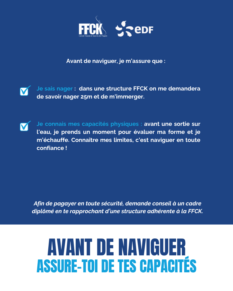 Avant de naviguer, je m’assure que : je sais nager (25 mètres) et m’immerger ; je connais mes capacités physiques ; avant une sortie, j’évalue ma forme physique et je m’échauffe.