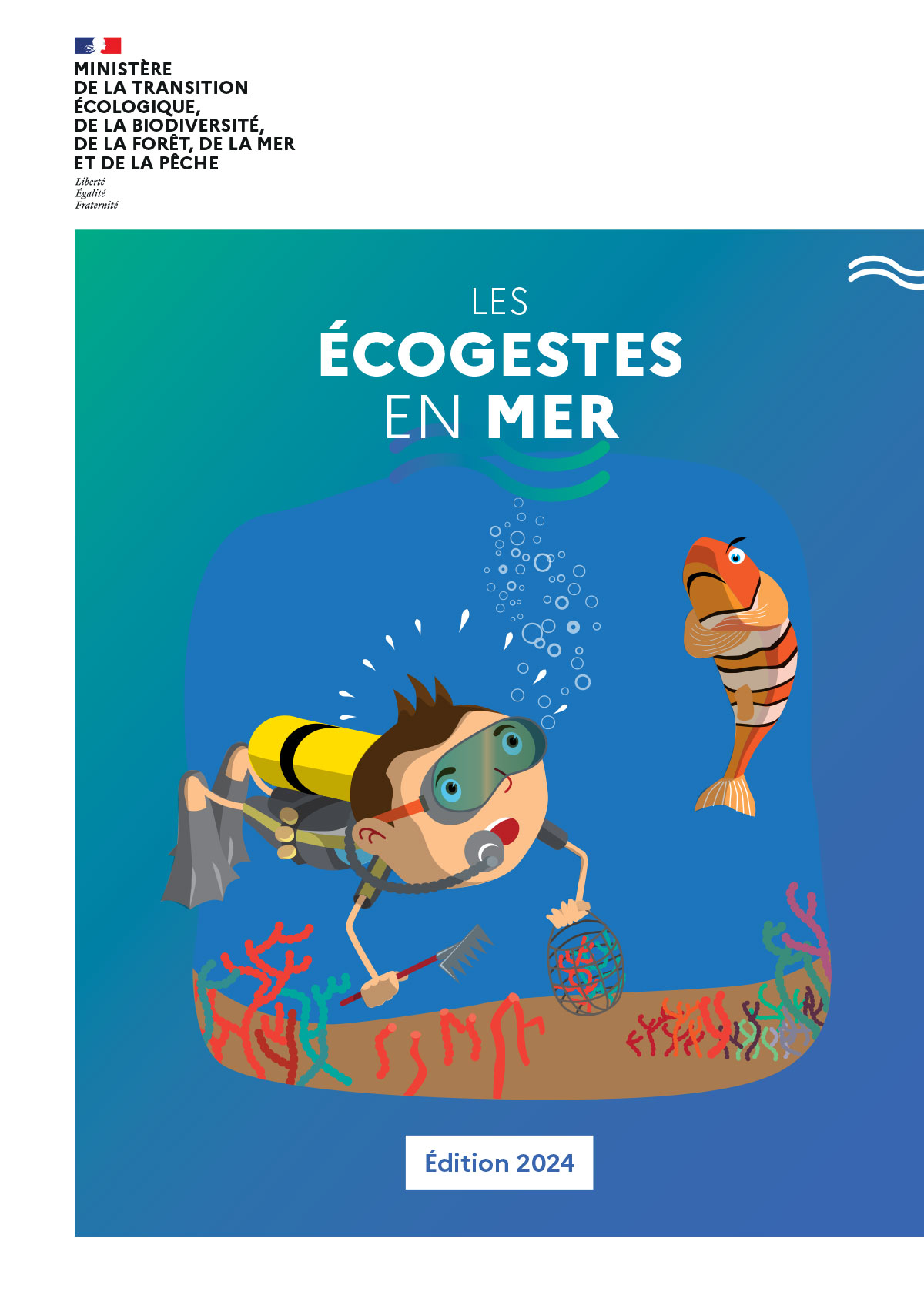 La brochure « Les écogestes en mer » a été éditée par le Ministère de la transition écologique, de la biodiversité, de la forêt, de la mer et de la pêche.