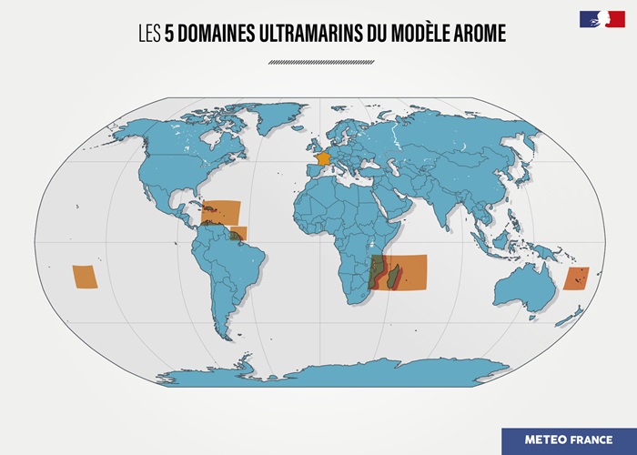 Des versions du modèle régional AROME avec une maille de 2,5 km sont utilisées en Outre-mer, notamment pour prévoir les cyclones tropicaux.