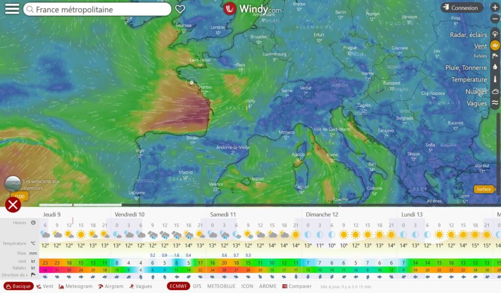 Le modèle de prévision météorologique européen (CEP ou ECMWF) est appliqué sur le site Windy.com